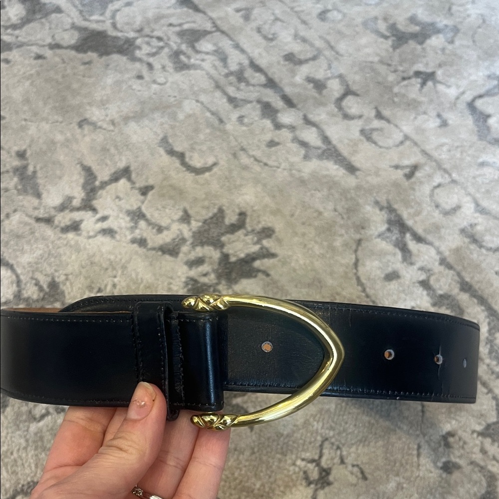 Vintage Coach Black Leather Belt with Gold Horseshoe Buckle